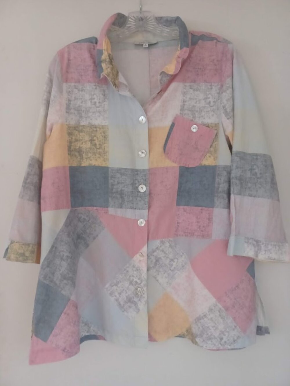 John Mark Large 100% Cotton Patchwork Tunic Shirt 3/4 Sleeve Button Front Boho